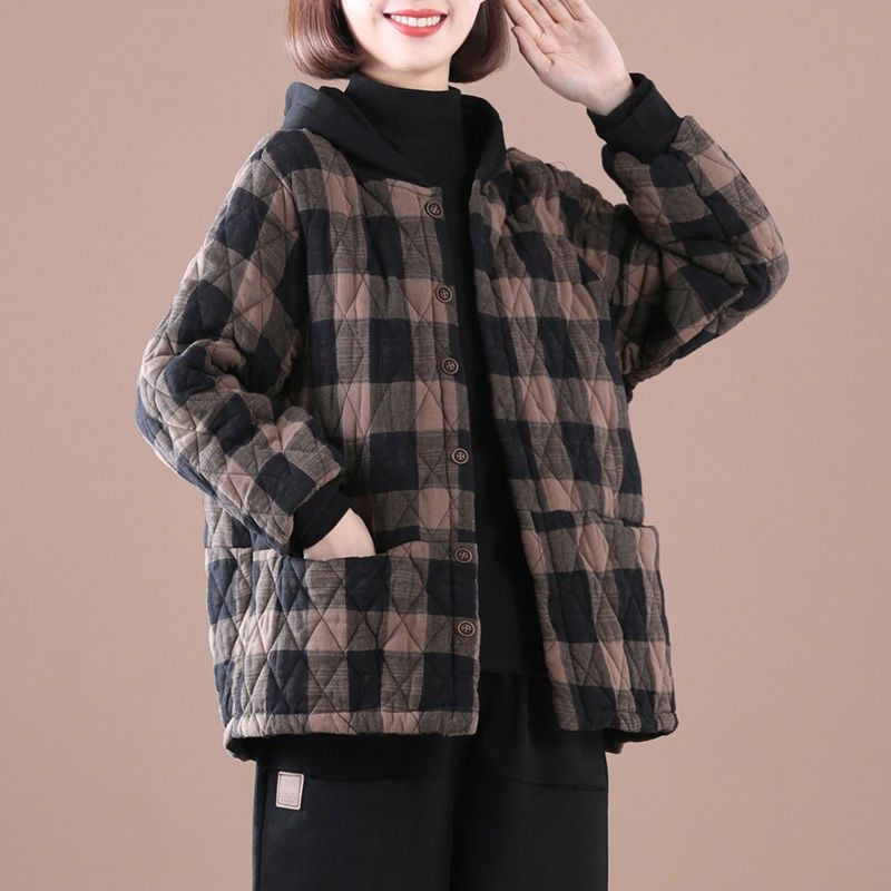 Foreign trade export famous brand cotton coat autumn and winter thickened plaid cotton coat women's loose large size slim hooded casual jacket