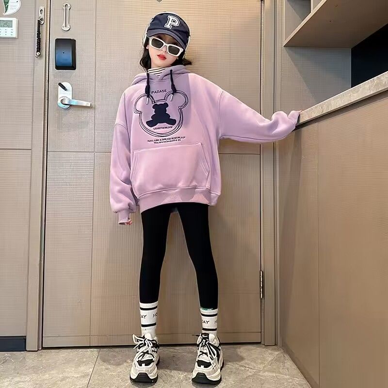 女童衛衣冬款加絨連帽春裝新款兒童時髦洋氣上衣中大童衣服春秋款
