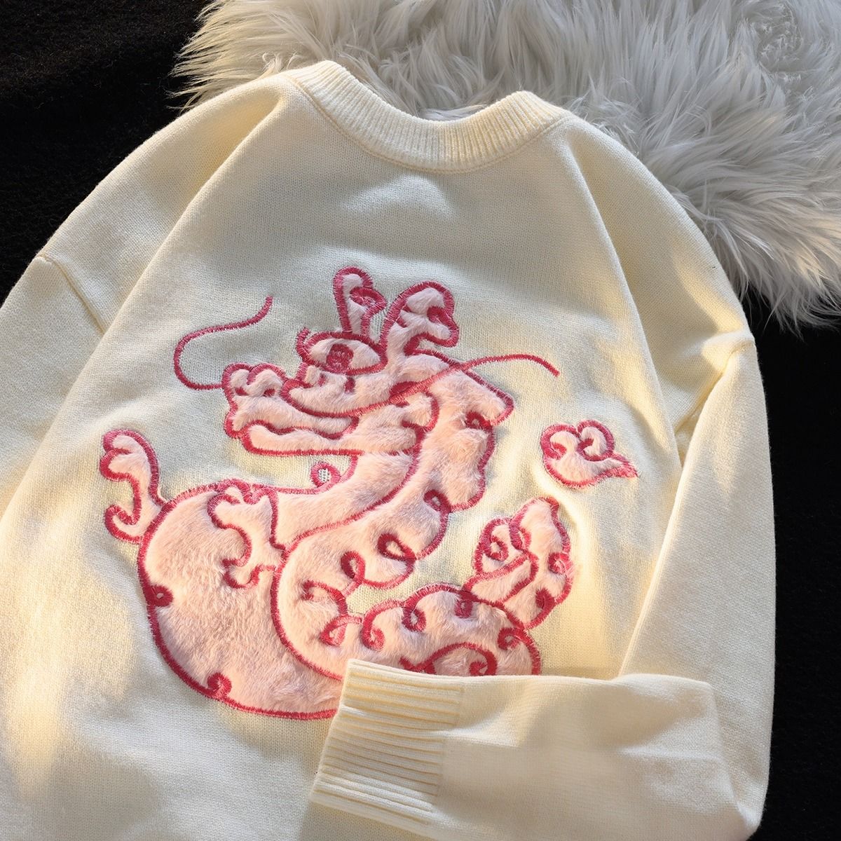 美式復古植絨粉色小龍刺繡圓領毛衣男女秋冬季百搭學院風情侶上衣