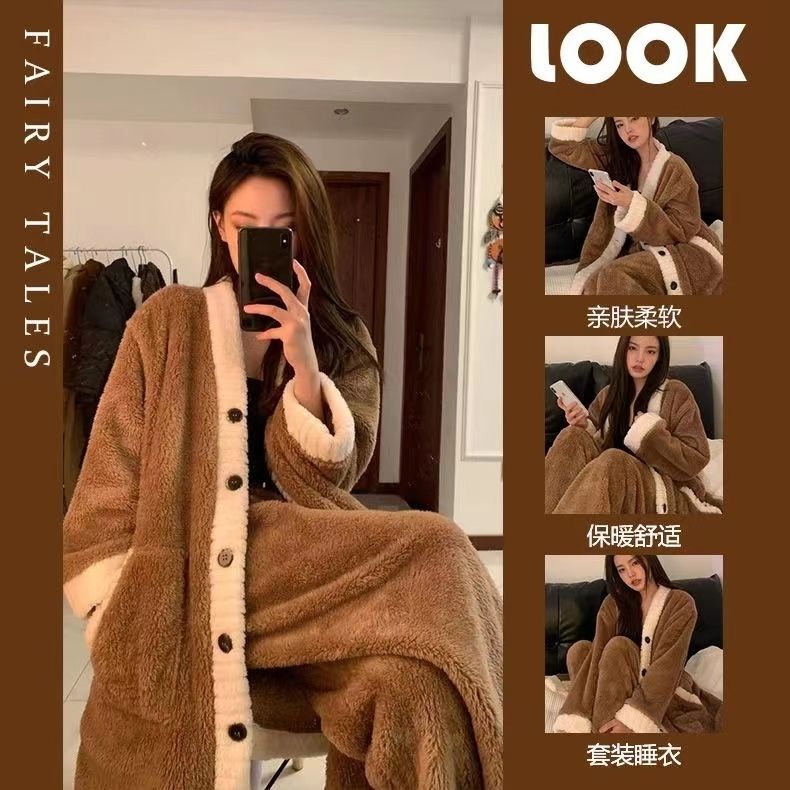 加厚加絨珊瑚絨長袖睡衣女2023秋冬款毛絨睡袍睡裙長褲居家服套裝