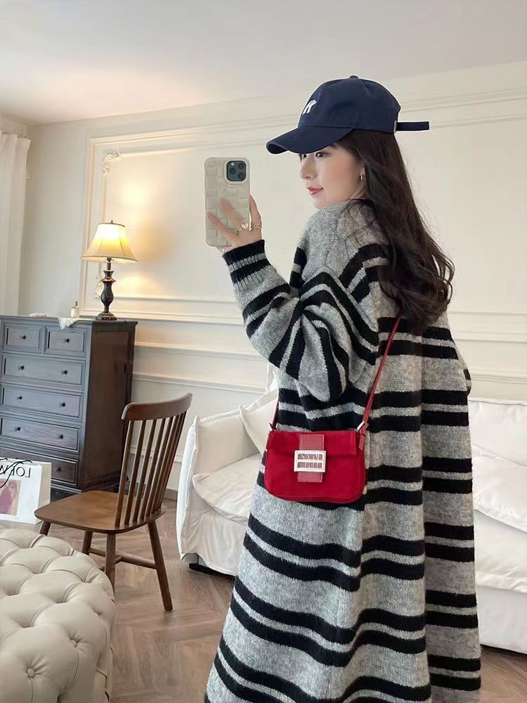 條紋中長款毛衣開衫外套女秋冬季美拉德穿搭慵懶風小眾針織上衣潮