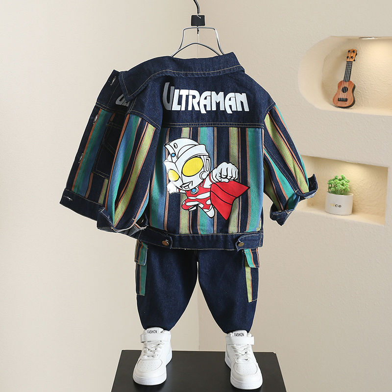 奧特曼衣服男童套裝2023新款兒童秋季牛仔兩件套寶寶秋裝衣服帥氣