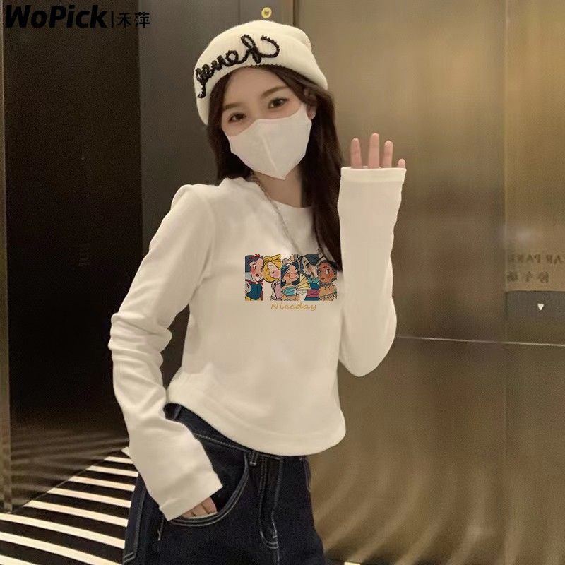 純棉長袖T恤女2023春季新款小眾內搭修身顯瘦印花打底衫正肩上衣