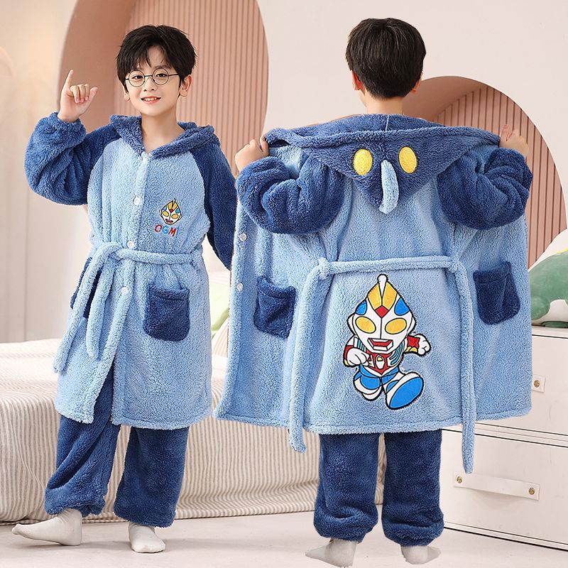 男童睡衣长款套装加厚珊瑚绒秋冬季儿童睡袍法兰绒卡通小孩家居服