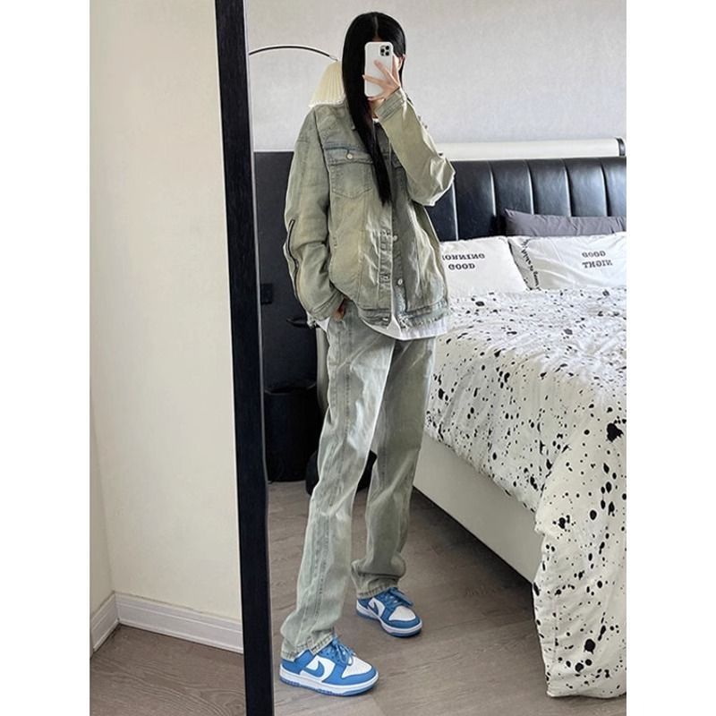 美式黃泥染做舊牛仔褲女2023年秋季新款高街街頭vibe風直筒長褲