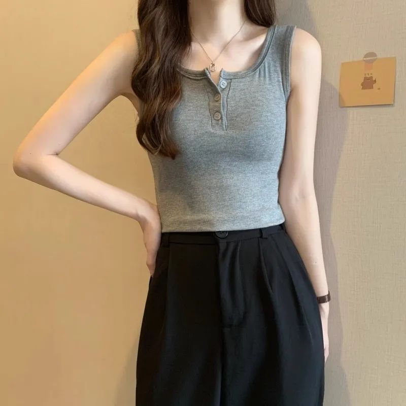 美背吊帶背心女裝2023新款夏季爆款外穿韓版簡約紐扣百搭顯瘦上衣