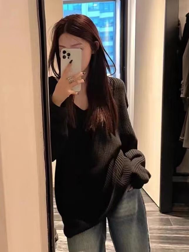 黑色V領毛衣女秋冬季寬鬆慵懶風針織衫小眾別致獨特早秋氣質上衣