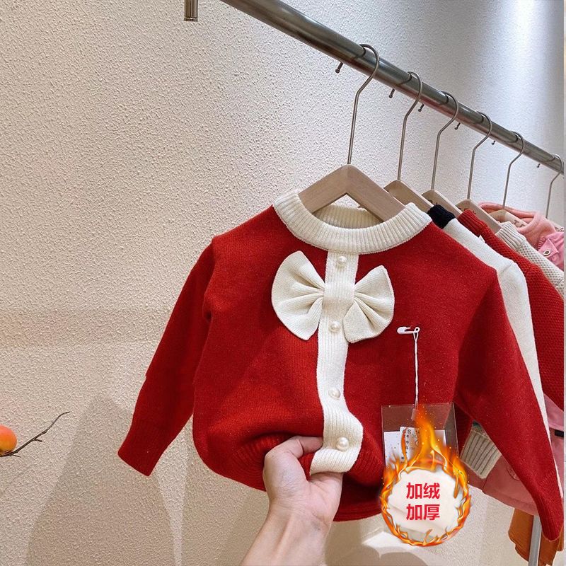女童毛衣假开衫大蝴蝶结时装儿童毛衣女宝圆领针织衫婴儿红色上衣
