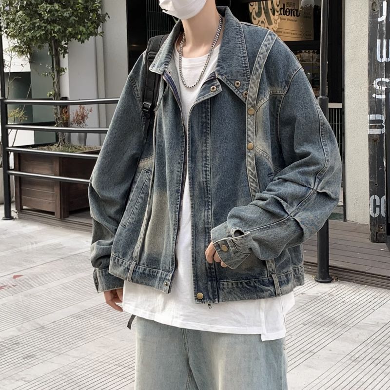 短款拼接牛仔外套男秋季美式復古工裝夾克寬鬆高街潮牌設計感上衣