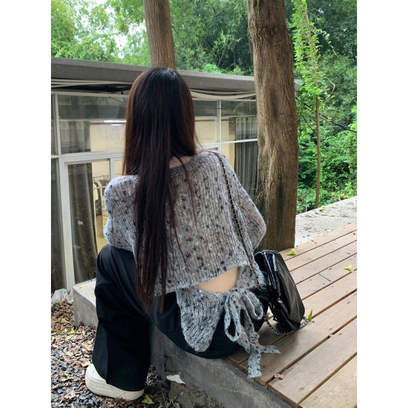 灰色氣質設計感針織衫軟糯毛衣女裝秋季寬鬆鏤空綁帶長袖外穿上衣