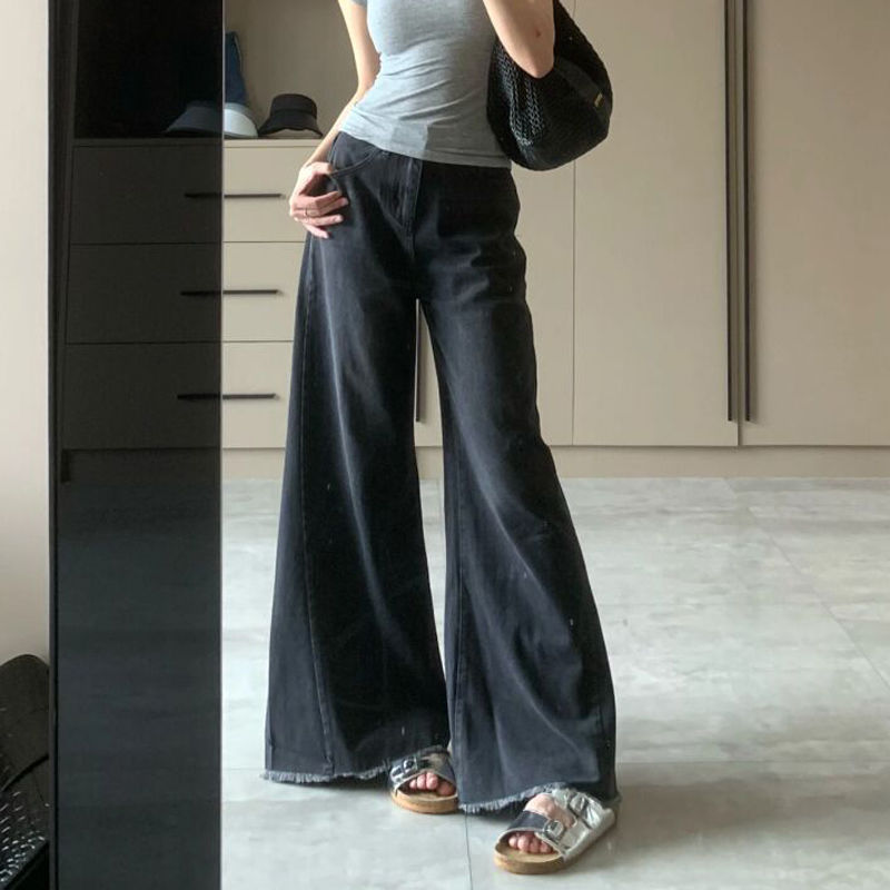 復古做舊黑灰色毛邊大闊腿牛仔褲女小個子高腰顯瘦垂感直筒長褲潮