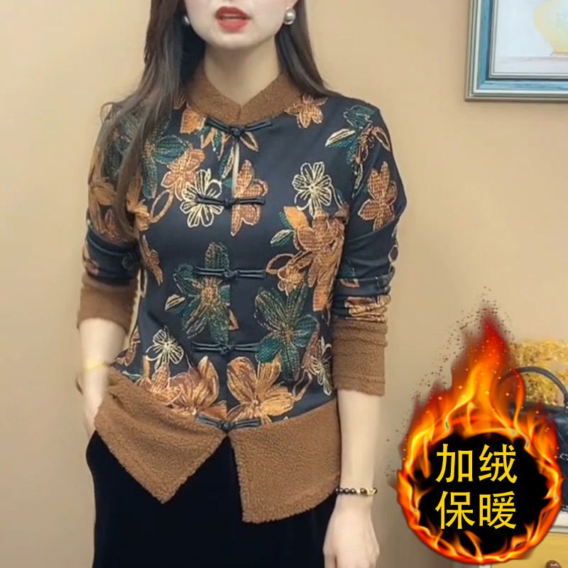 中国风加绒盘扣打底衫时尚休闲复古中老年女装减龄款妈妈装上衣