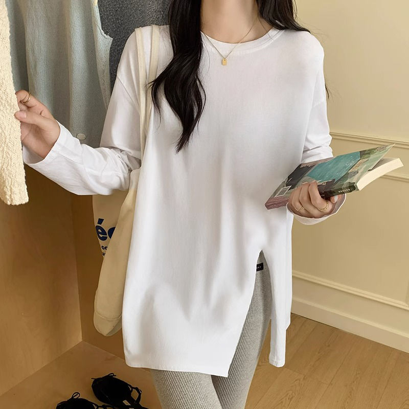 秋冬季新款女裝100%純棉長袖上衣白色兩側開叉寬鬆百搭打底衫t恤