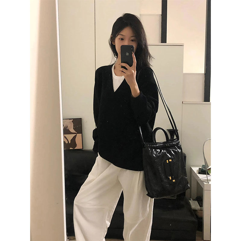 韓系休閒v領針織衫毛衣女春秋新款慵懶風寬鬆百搭疊穿外搭上衣潮