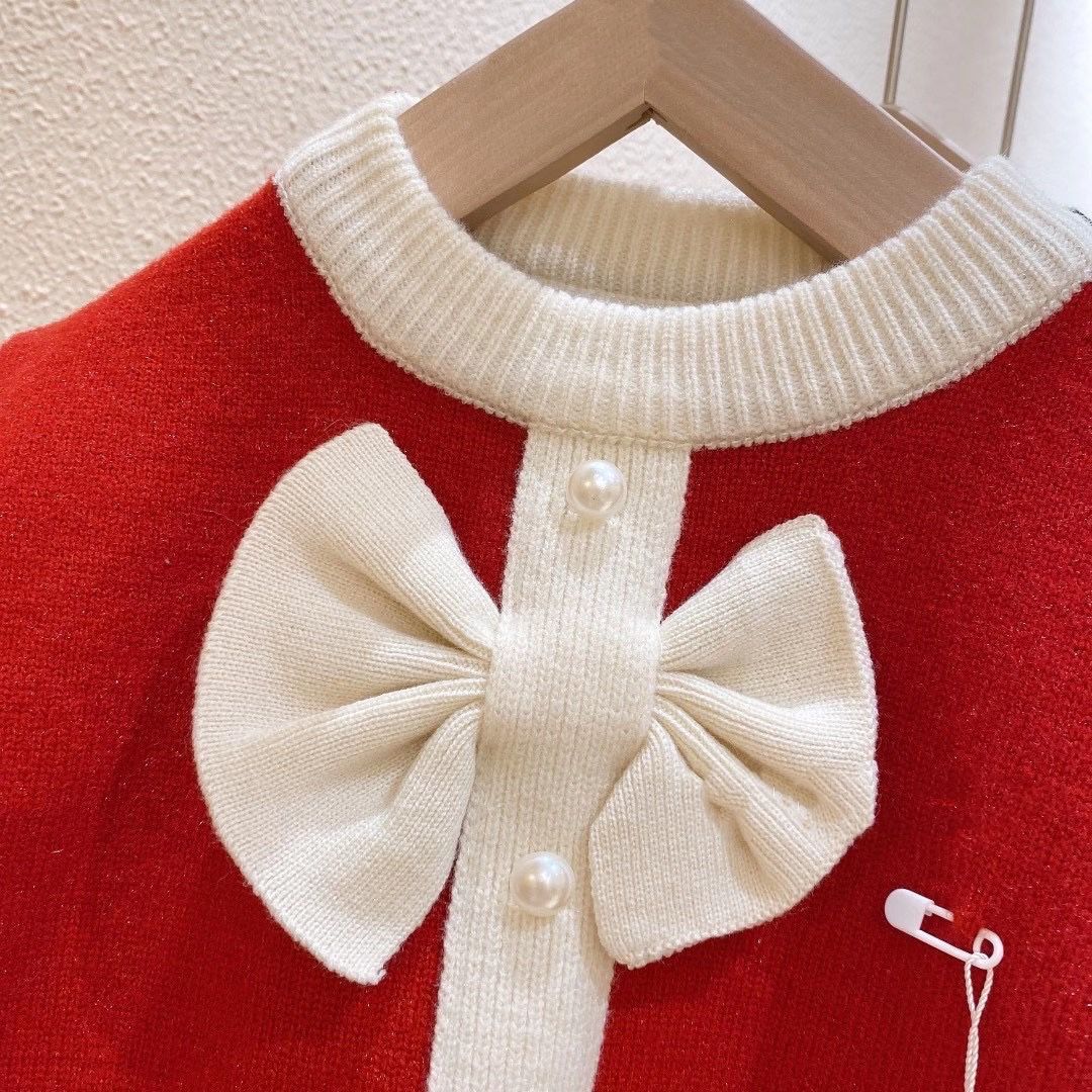 女童毛衣假开衫大蝴蝶结时装儿童毛衣女宝圆领针织衫婴儿红色上衣