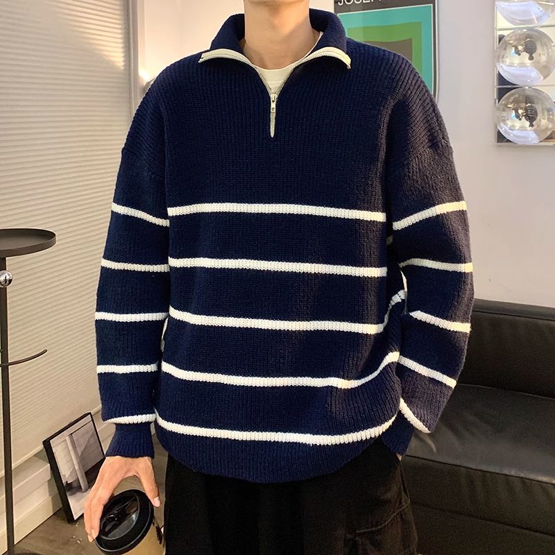 Half-zip stand-up collar sweater for men, autumn Japanese retro striped sweater, trendy loose and handsome sweater jacket