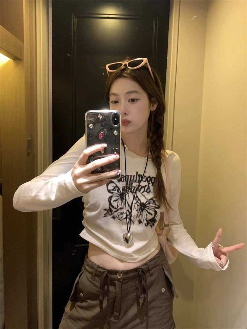 2023新款蝴蝶印花正肩薄款修身顯瘦打底衫女早秋褶皺長袖t恤上衣
