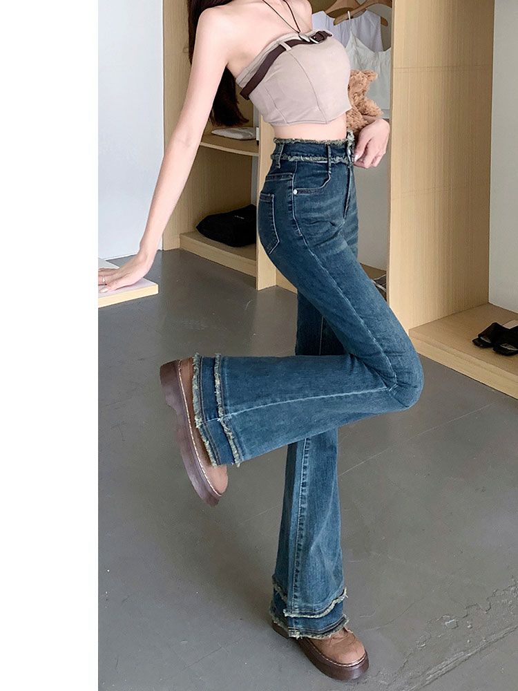 YSYOURS美式復古微喇叭牛仔褲女春秋高腰顯瘦小個子毛邊馬蹄褲子
