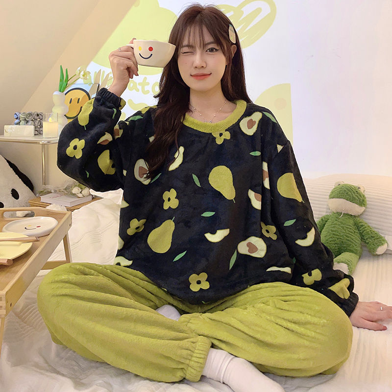 睡衣女珊瑚絨冬季加厚卡通ins寬鬆可愛學生圓領長袖外穿保暖套裝