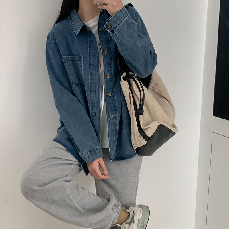 藍色牛仔襯衫女長袖秋冬內搭疊穿襯衣上衣寬鬆顯瘦高級感牛仔外套
