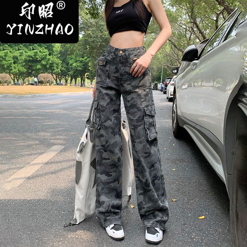 【印昭YINZHAO】美式迷彩女工裝牛仔褲闊腿褲顯瘦復古拖地迷彩褲