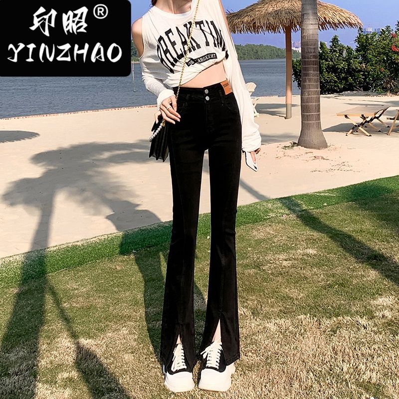 【印昭YINZHAO】黑色開叉微喇叭牛仔褲女春秋季新款高腰顯瘦褲子