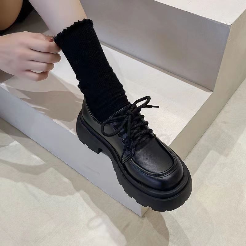 JVBG英倫風厚底小皮鞋女2023新款春季百搭黑色jk單鞋松糕樂福鞋潮