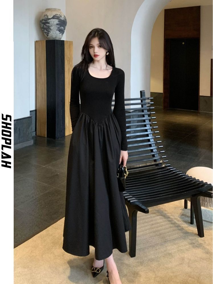 筱姿法式黑色赫本风长袖修身连衣裙2023新款美拉德显瘦韩版长裙子