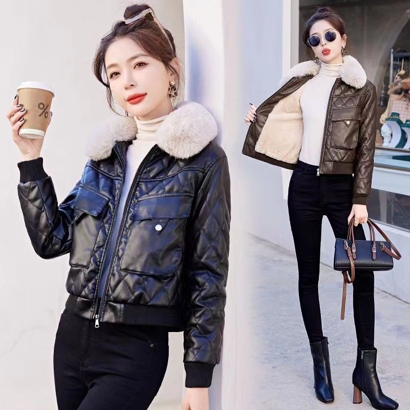 Velvet thickened leather jacket women's short winter new fashion small motorcycle jacket cotton leather jacket small cotton jacket