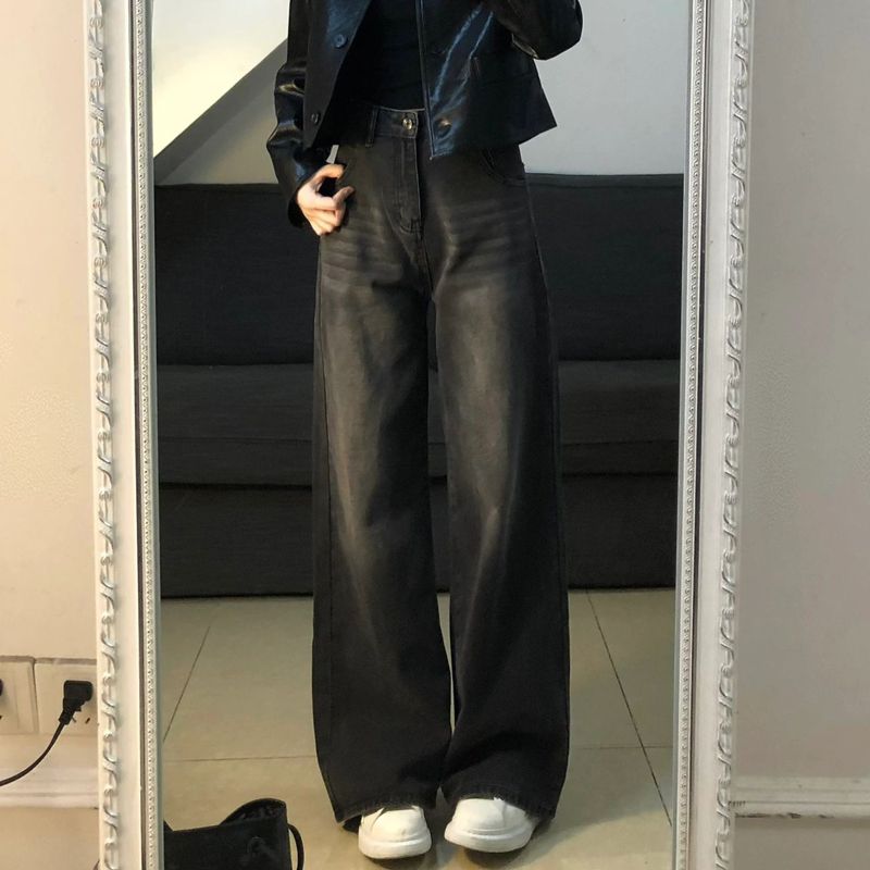 美式復古高街做舊牛仔褲女秋季高腰顯瘦闊腿褲直筒褲拖地長褲子潮