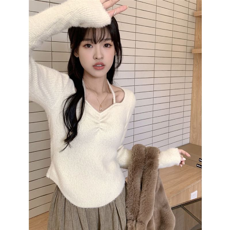 純欲風掛脖針織衫秋季2023新款女裝v領長袖修身打底別致短款上衣