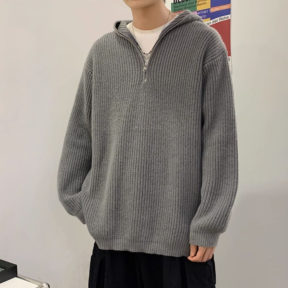 Half-zip pullover men's autumn loose hooded sweater Japanese fashion versatile student sweater jacket
