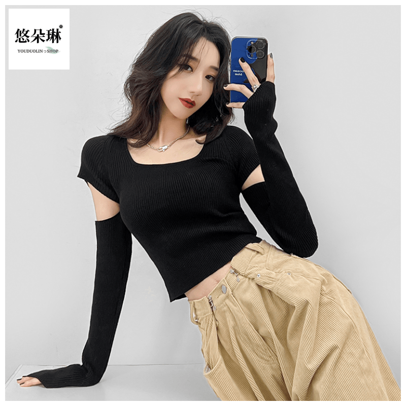YOUDUOLIN新款小眾斷袖針織衫女秋季甜酷辣妹方口領長袖打底上衣