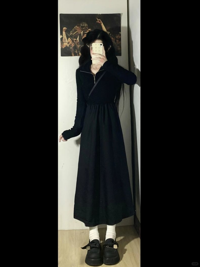 筱姿法式新款赫本风黑色长袖连衣裙女美拉德修身收腰设计感长裙子