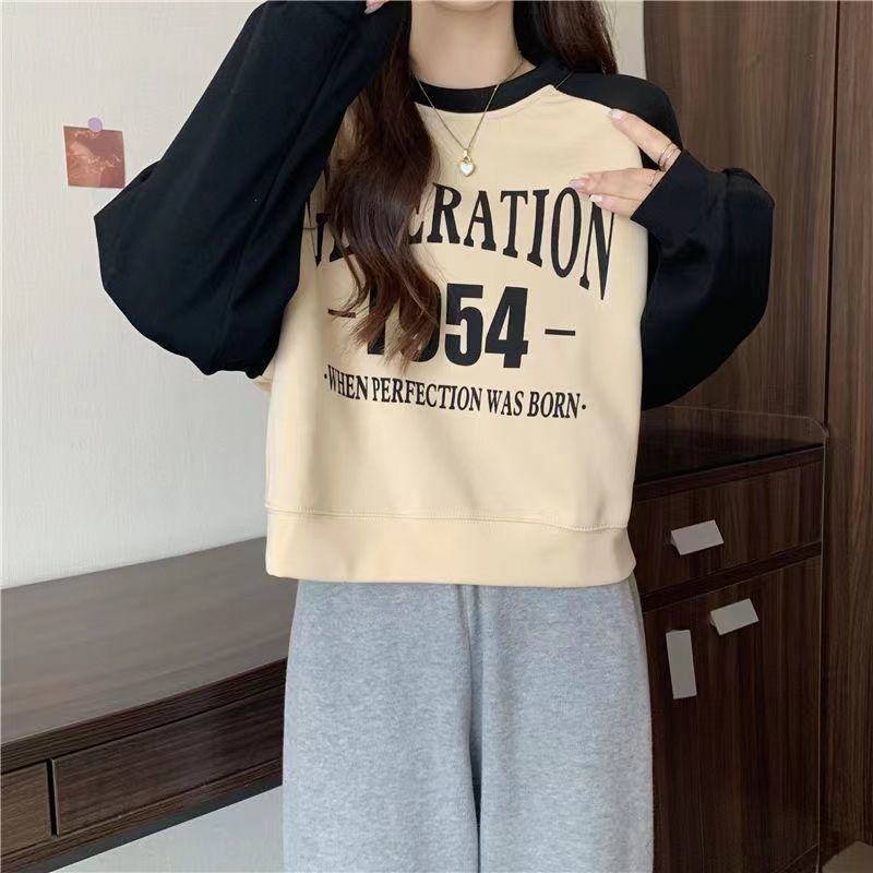 美式復古印花拼色圓領衛衣女秋冬小個子寬鬆插肩長袖拼接短款上衣