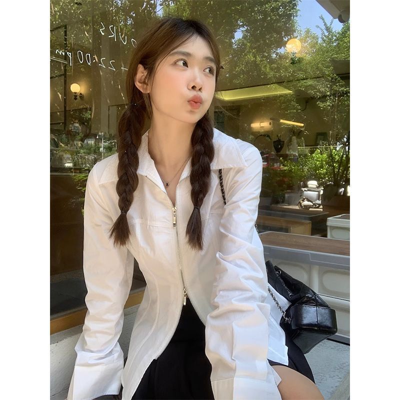 白色翻領長袖襯衣女春秋季新款襯衣設計感不規則修身顯瘦拉鏈上衣