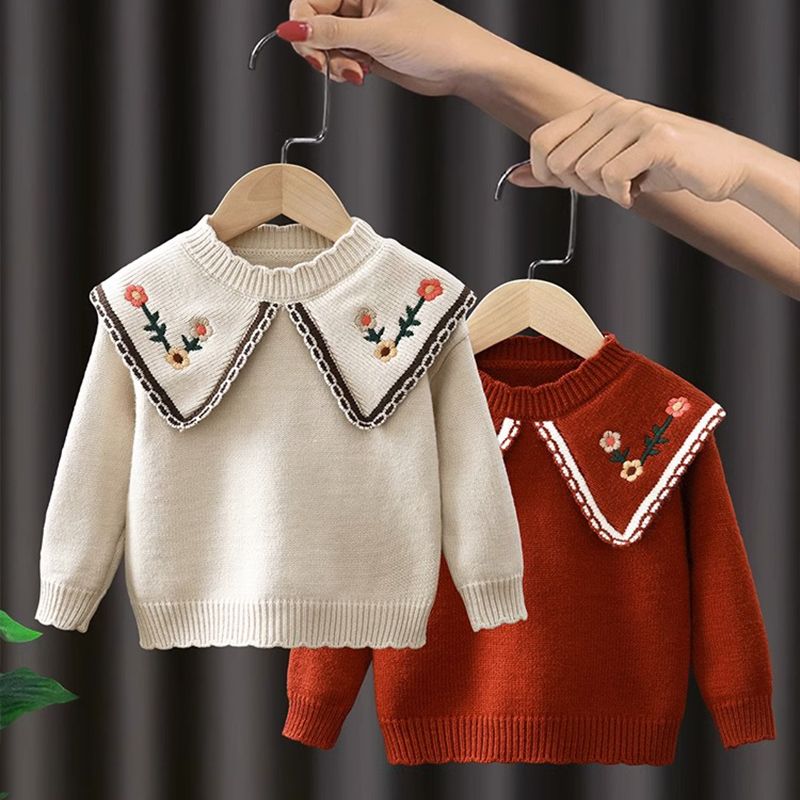 女童毛衣秋冬季2023新款洋气加厚冬款加绒宝宝儿童冬装红色针织衫