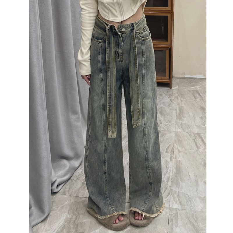 美式復古做舊毛邊直筒牛仔褲女秋季小個子高腰顯瘦垂感闊腿長褲潮