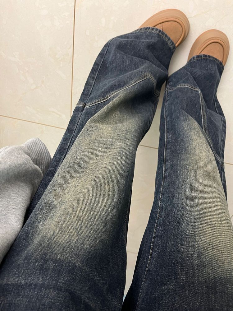 小個子美式復古做舊微喇叭牛仔褲女秋季辣妹高腰顯瘦寬鬆闊腿長褲