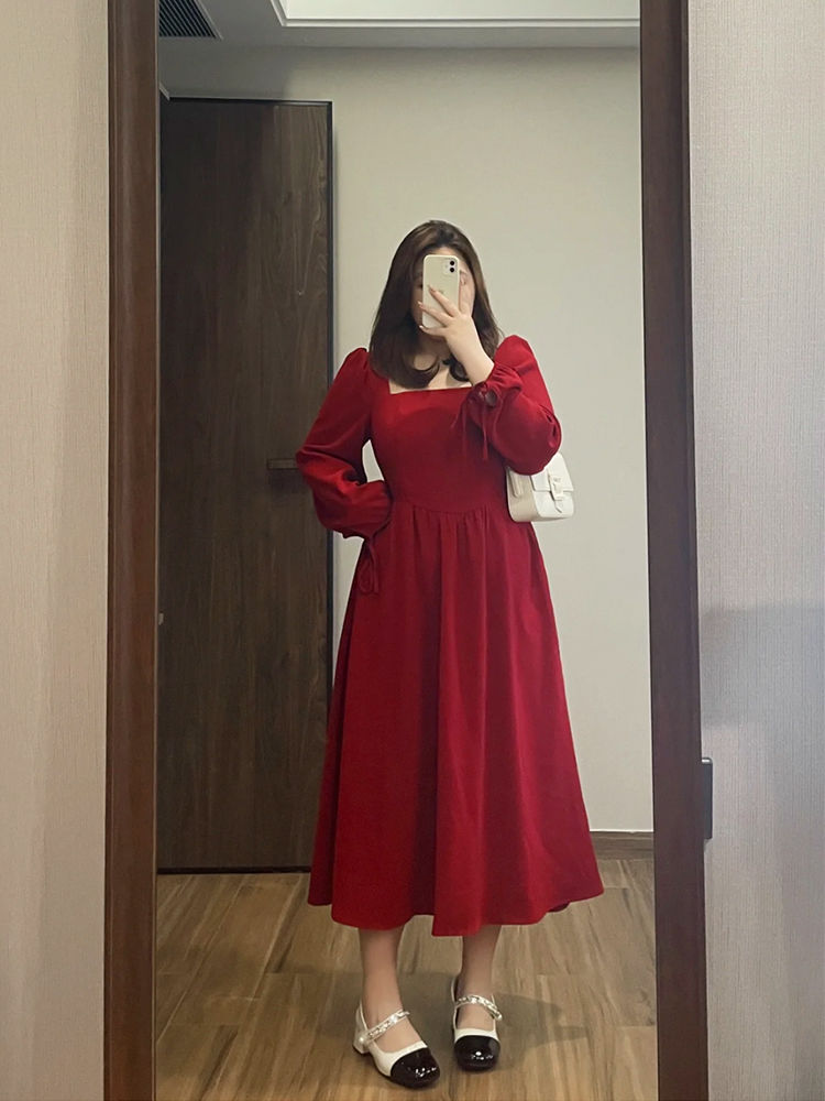 张屁屁大码女装年新款秋冬季法式红色敬酒服胖mm显瘦连衣裙子