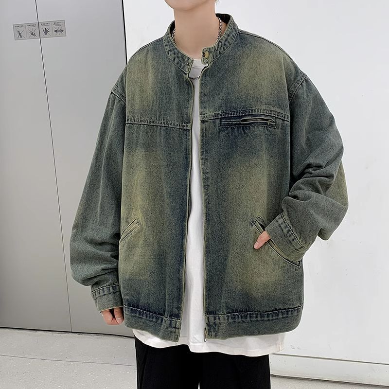 高街復古vibe牛仔外套春秋季美式寬鬆工裝上衣潮牌做舊拉鏈夾克男