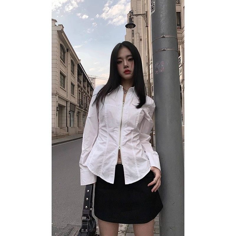 白色襯衫女春秋季2023年新款襯衣設計感小眾收腰顯瘦拉鏈長袖上衣