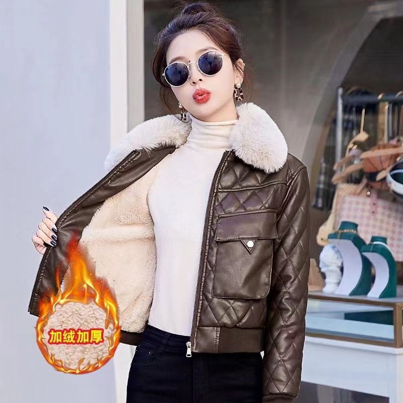 Velvet thickened leather jacket women's short winter new fashion small motorcycle jacket cotton leather jacket small cotton jacket