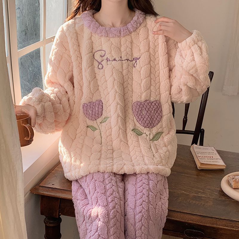 珊瑚絨睡衣女冬季清新甜美紫色花秋冬款加絨加厚法蘭絨學生家居服