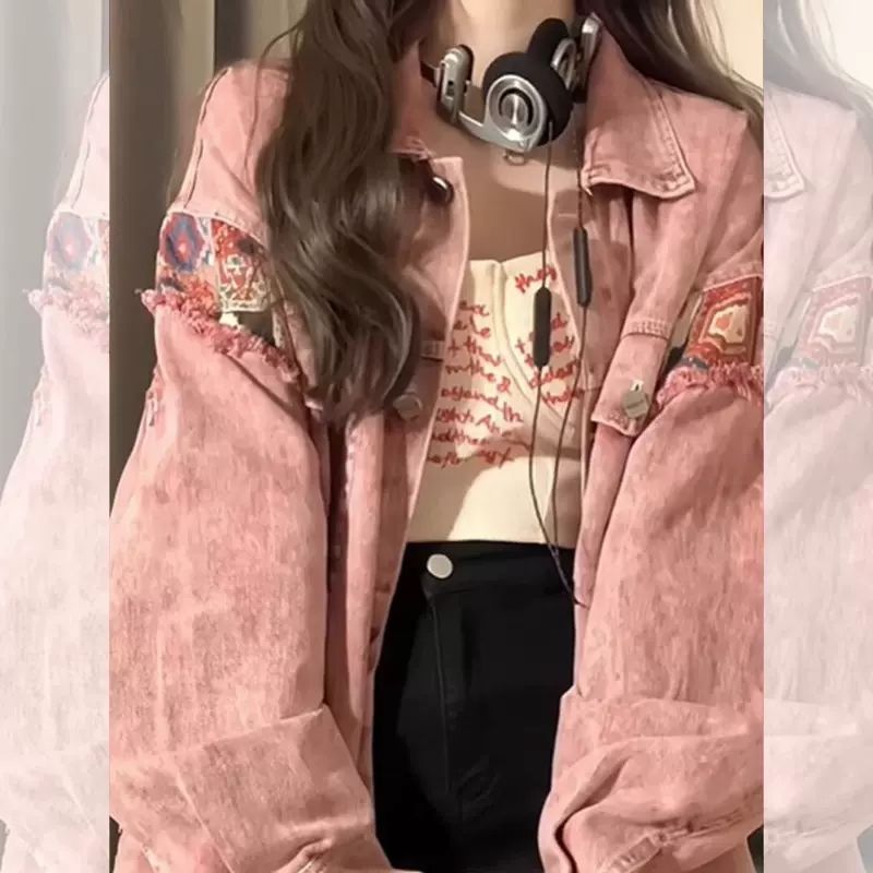 American Retro Spliced ​​Denim Jacket Women's Spring and Autumn Loose Design Niche Casual Versatile Work Jacket Top