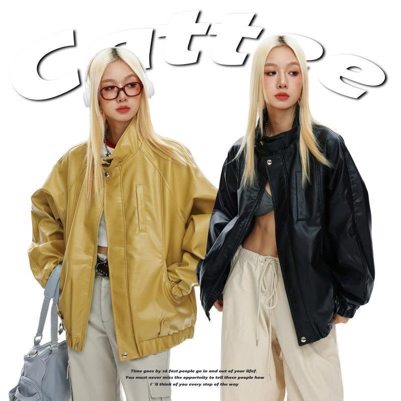 Waterproof and stain-proof leather jacket solid color unisex couple coat loose and versatile casual retro top