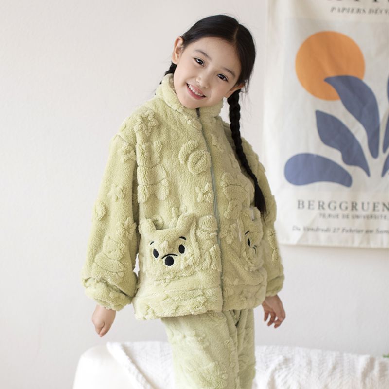 女童睡衣兒童女孩秋冬加厚珊瑚絨小孩可愛日系卡通家居服拉鏈套裝