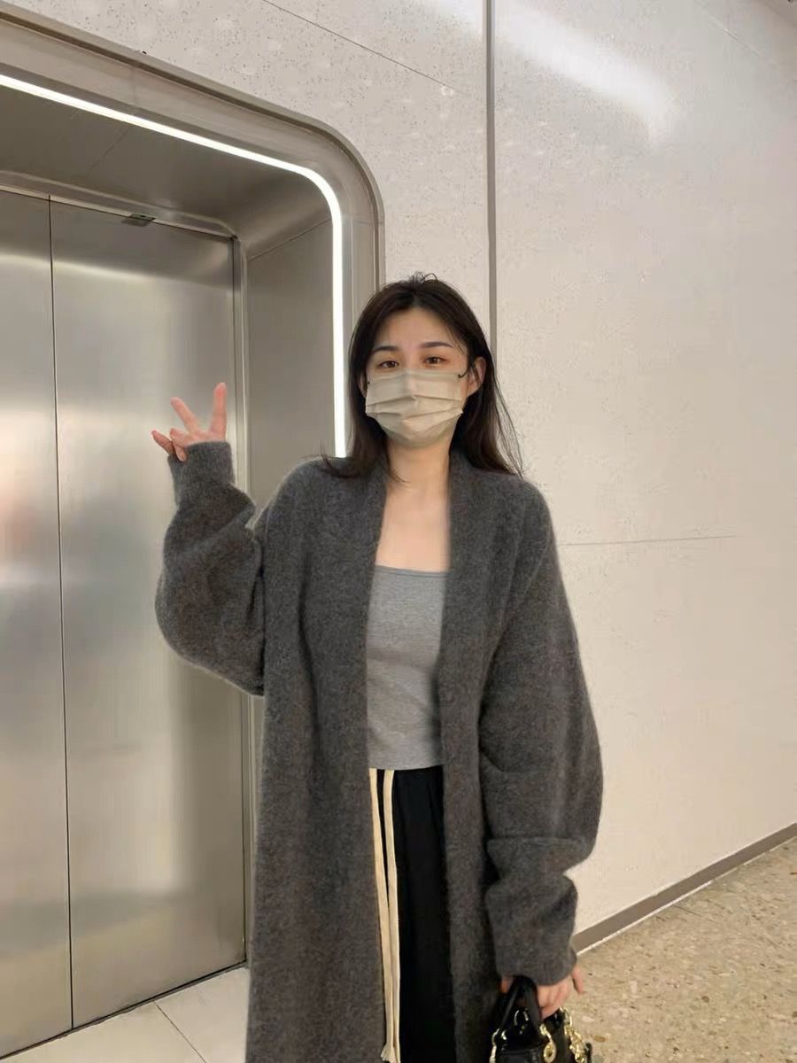 MINETTE灰色中長款過膝毛衣外套女秋冬冬季慵懶加厚針織開衫大衣