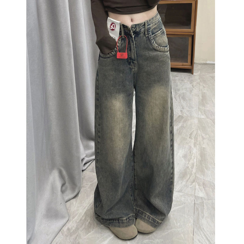 美式復古做舊牛仔褲直筒褲女秋季小個子高腰寬鬆闊腿拖地長褲子潮
