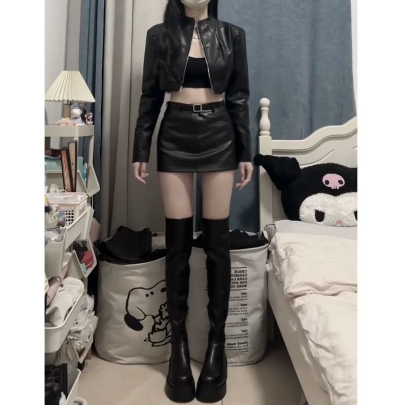 套裝女2023秋季新款美式辣妹黑色機車短款皮衣外套高腰顯瘦半身裙